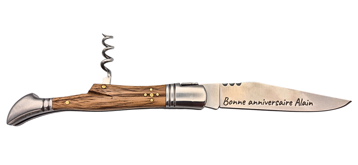 Couteau Laguiole personnalisé avec tire-bouchon – Gravure sur lame – 20 cm déplié