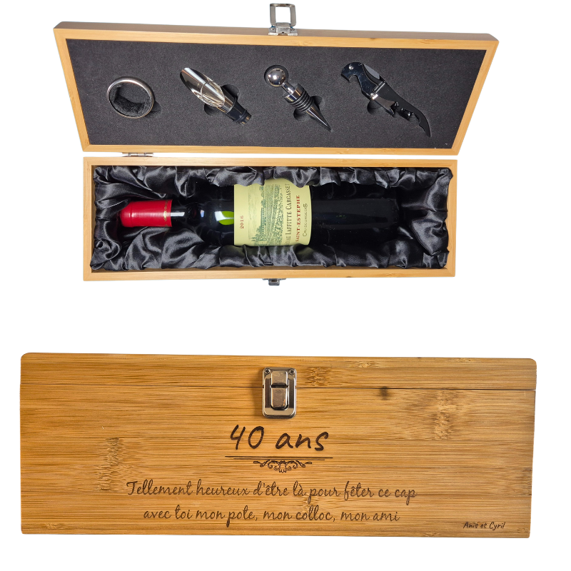 Boîte à vin personnalisable en bois avec accessoires – Coffret cadeau vin gravé (tire-bouchon, bec verseur, bouchon, découpe-capsule) – Idée cadeau homme anniversaire, fête des pères, départ
